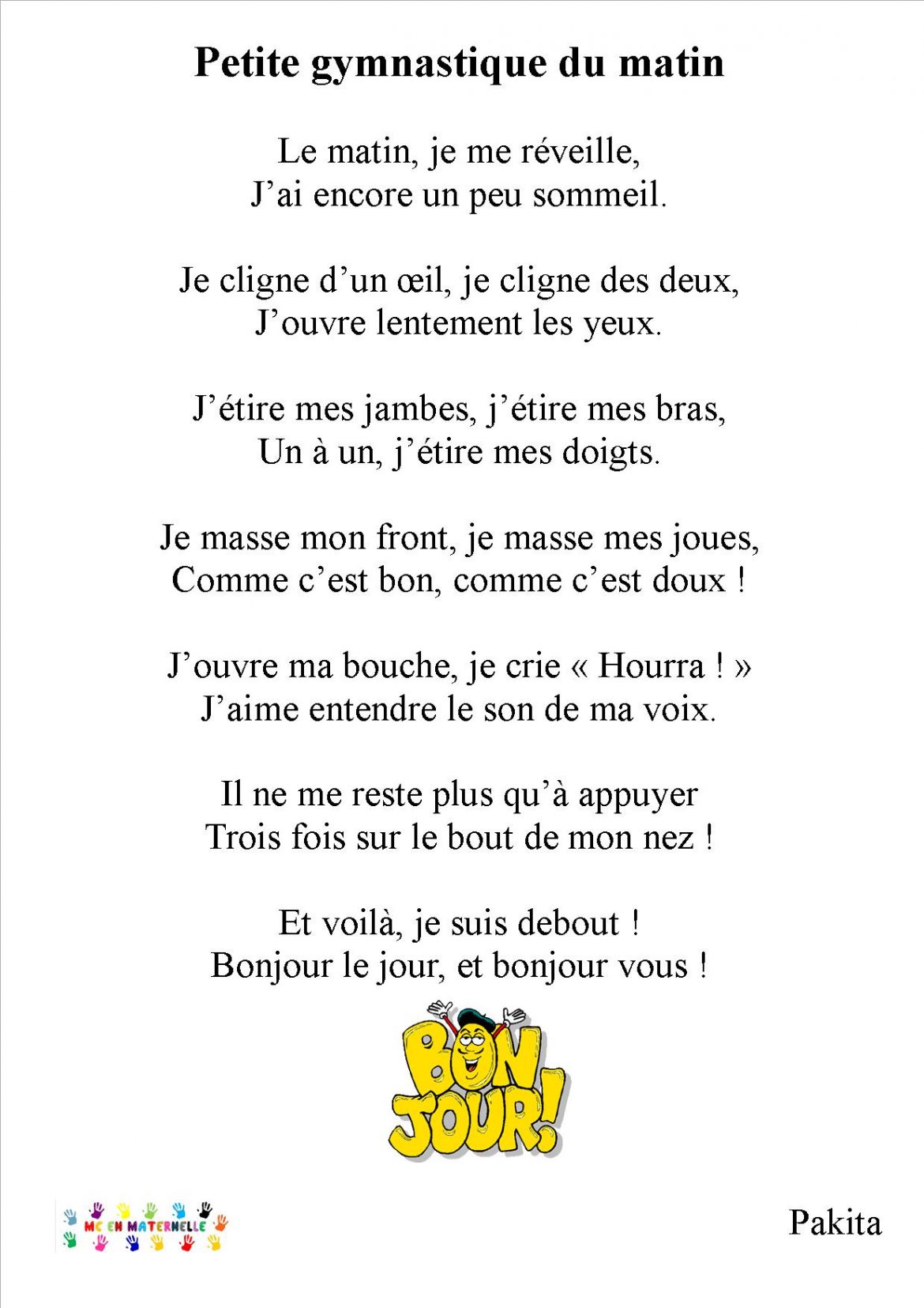 Chanson Pour Se Dire Bonjour Maternelle Comptine Pour Se Dire Bonjour Petite Section - comptine à colorier