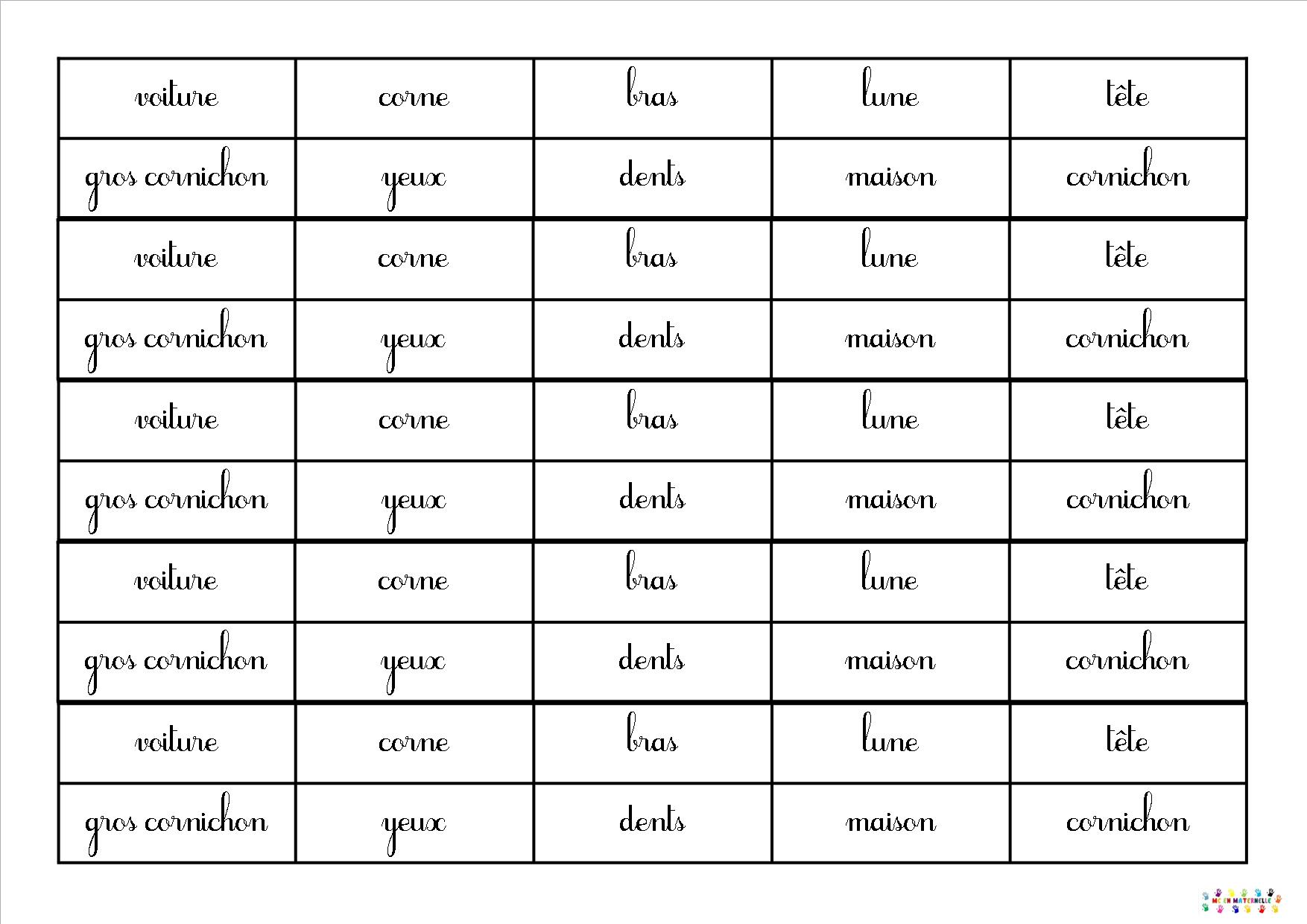 Gros cornichon reconnaissance de mot du lexique du livre (3 écritures