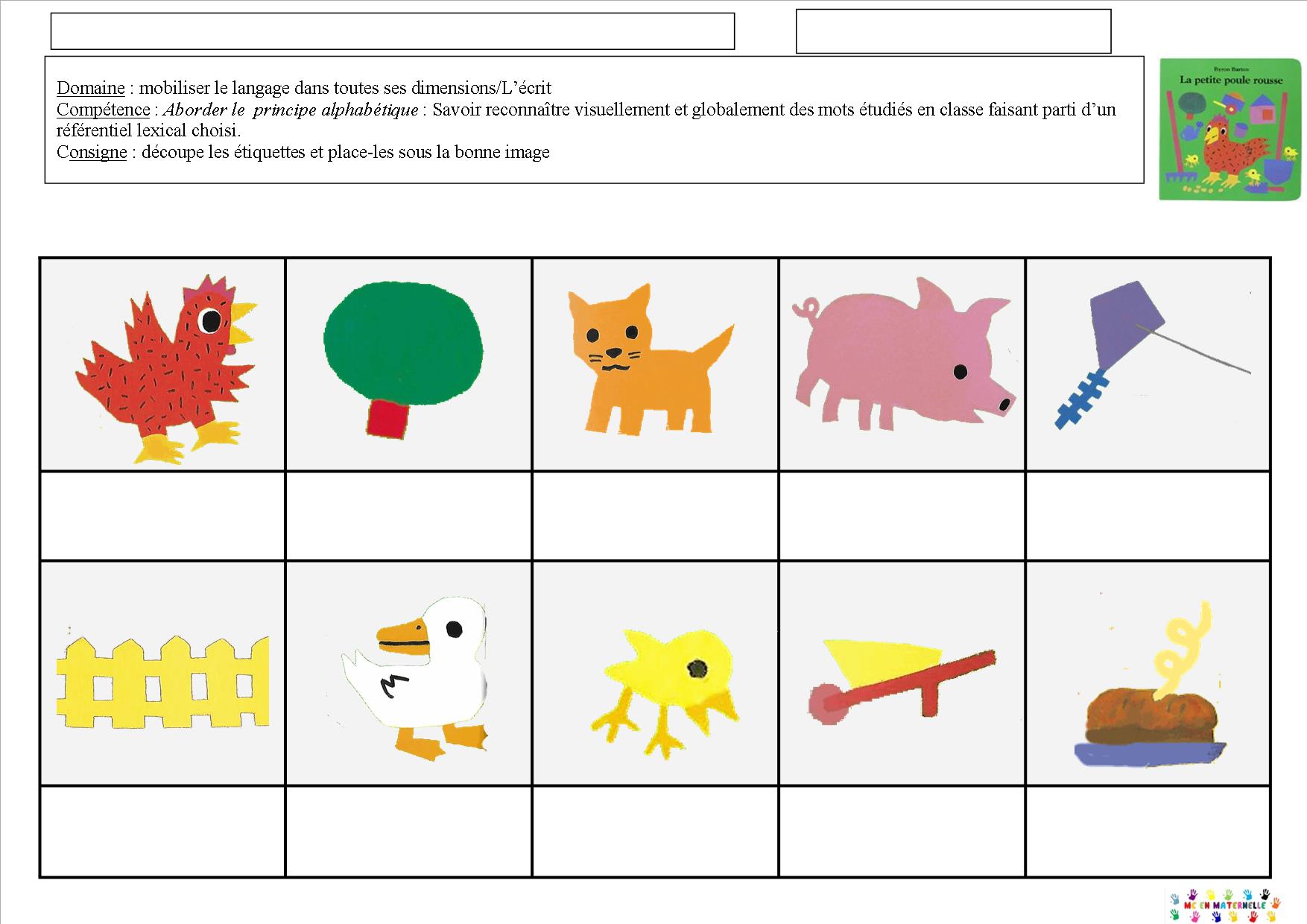 La Petite Poule Rousse Maternelle Graphisme La petite poule rousse : reconnaissance de mot du lexique du livre (3