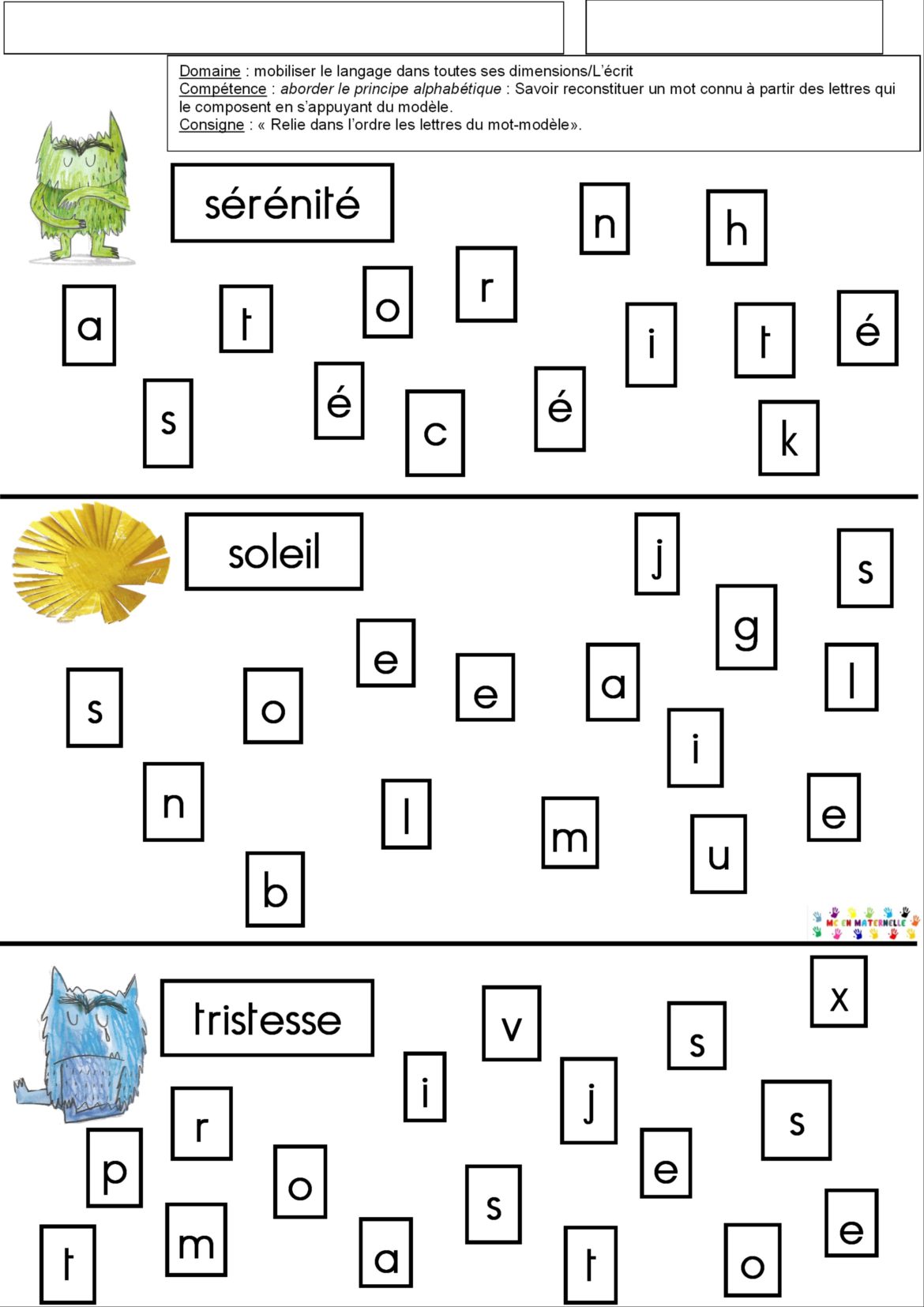 Formez Des Mots Avec Des Lettres La couleur des émotions : Relier les lettres pour former des mots – MC
