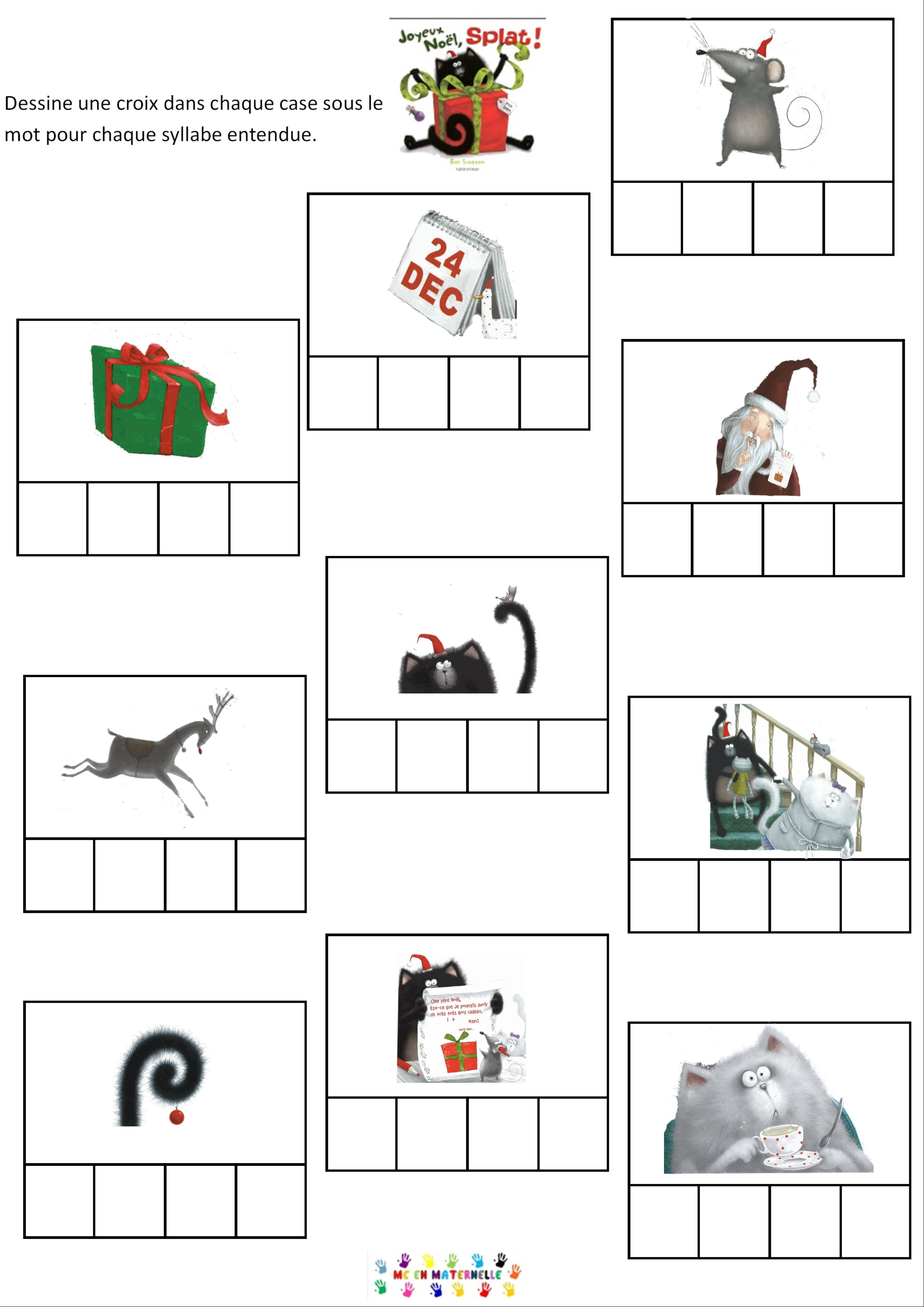 Joyeux noël Splat compter les syllabes MC en maternelle