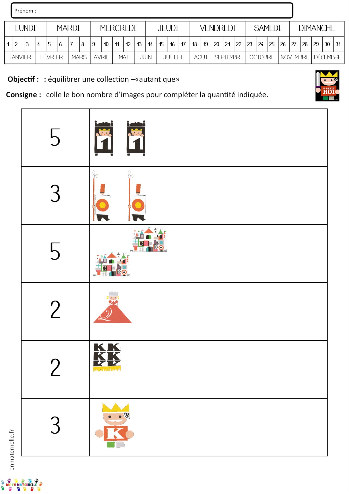 Le tout petit roi numération jusqu’à 4 ou 5