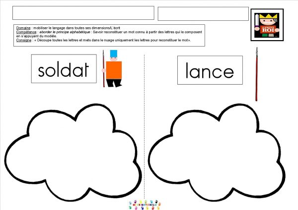 Le tout petit roi : reconstituer les mots lance et soldat (majuscule ou script)