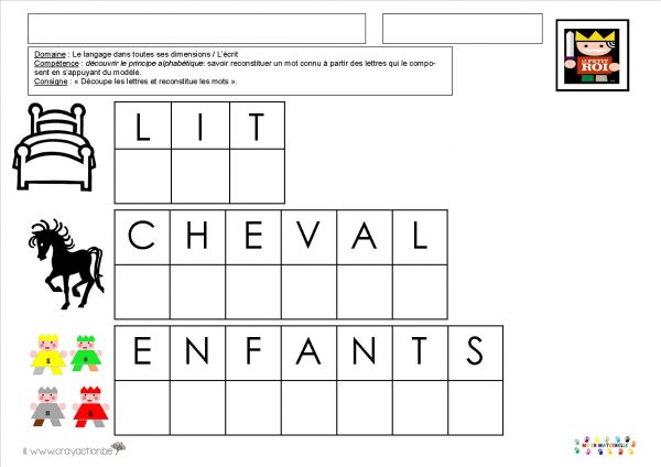 Le tout petit roi : reconstituer les mots « lit, cheval et enfants »