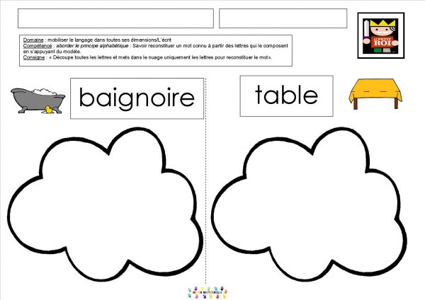 Le tout petit roi : reconstituer les mots « table » et « baignoire »