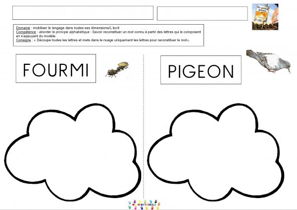 Dix petites graines : Trouver les lettres d’un mot (majuscule et script) et les coller dans le nuage correspondant