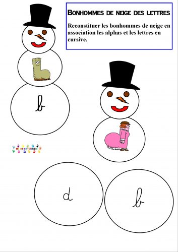 Reconstituer les bonhommes de neige en association la lettre en alpha et en cursive
