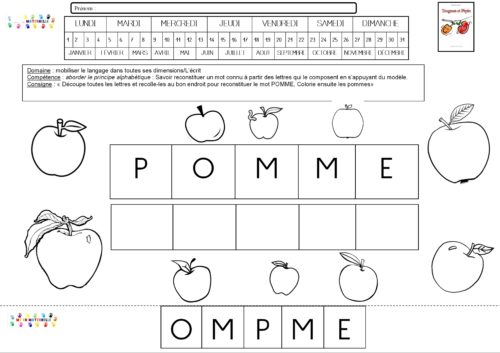 Trognon et Pépin : écrire pomme en lettres mobiles