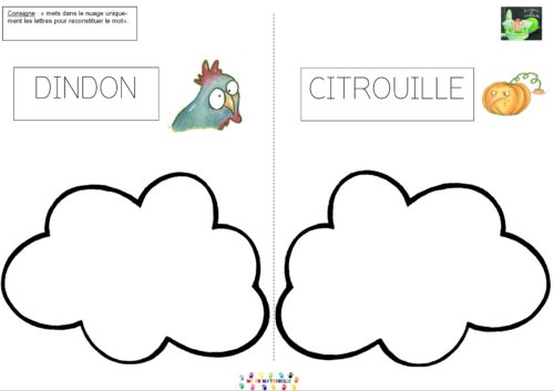 La vengeance de Cornebidouille : Trouver les lettres d’un mot (majuscule et script) et les coller dans le nuage correspondant