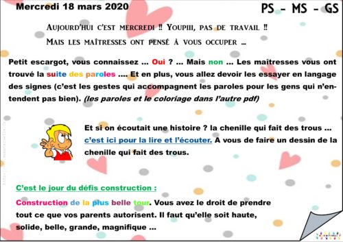 Continuité pédagogique : mercredi de la semaine 1