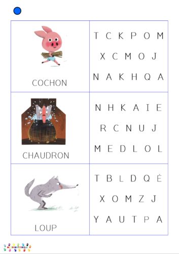 les trois petits cochons : trouve les lettres pour recomposer les mots