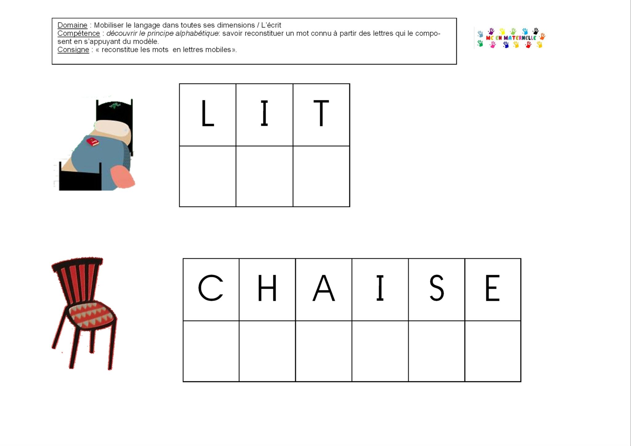 Reconstituer Un Mot Avec Des Lettres Maternelle Compétence www.enmaternelle.fr